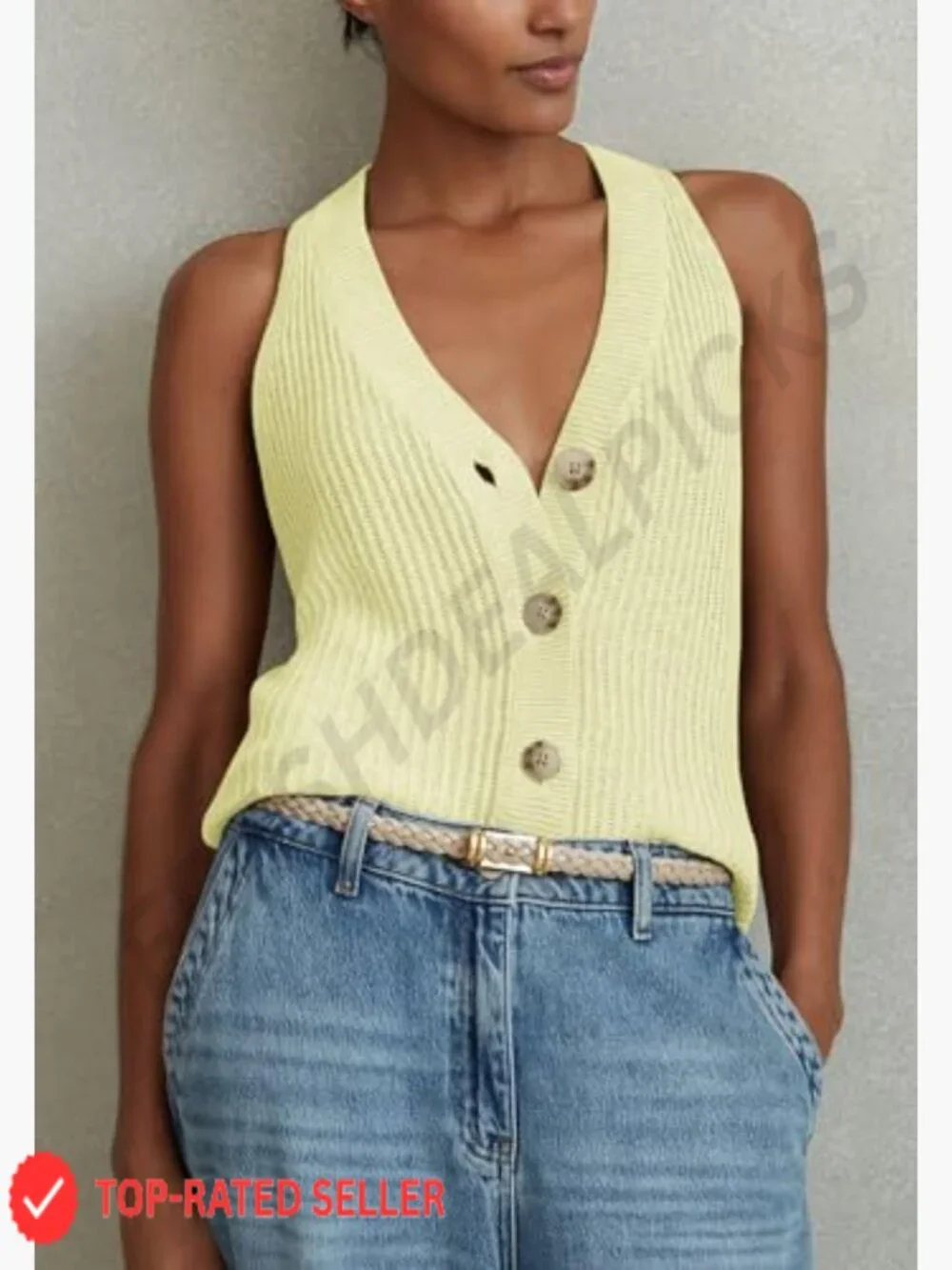 Button-Front Sweater Vest V-Neck Sleeveless Knit Tank Fitted Halter Cardigan - Picture 4 of 7